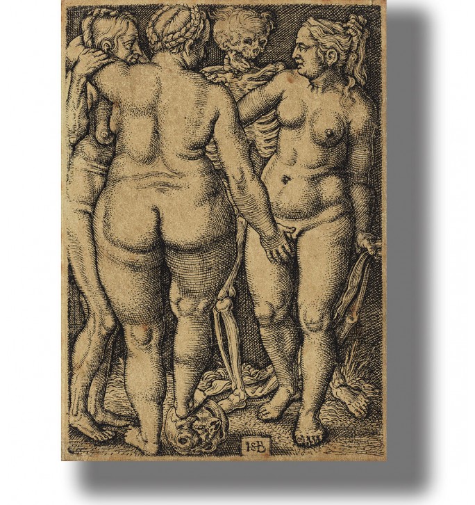 Renaissance engraving of three nude women gathered around a skeleton figure of Death.