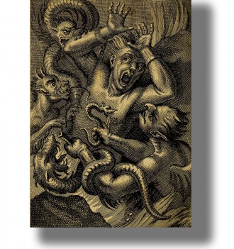 Old illustration showing a sinner in hell being attacked and tortured by several demons.