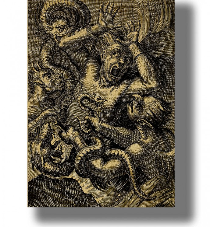 Old illustration showing a sinner in hell being attacked and tortured by several demons.