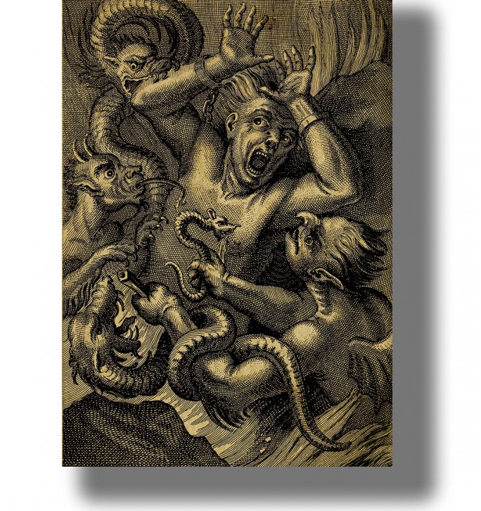 Old illustration showing a sinner in hell being attacked and tortured by several demons.