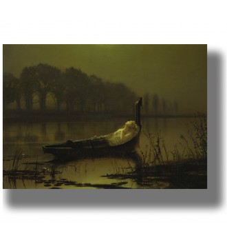 Woman lying in a boat on a dark lake, Lady of Shalott pre-Raphaelite painting.