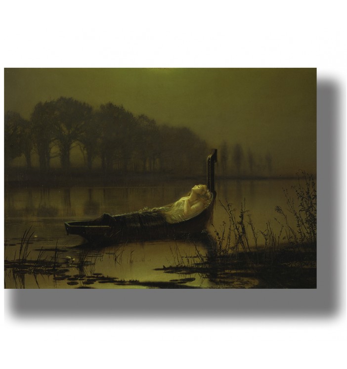 Woman lying in a boat on a dark lake, Lady of Shalott pre-Raphaelite painting.