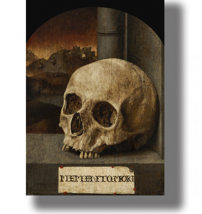 Old painting of a human skull with a Memento Mori inscription and a dark landscape in the background.