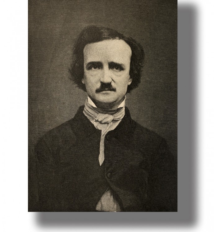 Vintage portrait of Edgar Allan Poe in a dark jacket and cravat. Literary gothic wall art.