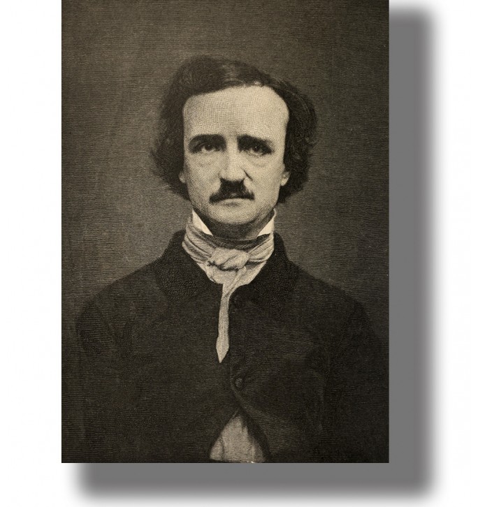 Vintage portrait of Edgar Allan Poe in a dark jacket and cravat. Literary gothic wall art.