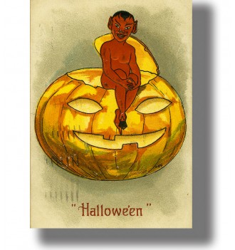Vintage Halloween postcard illustration with a little red devil sitting on a carved pumpkin.