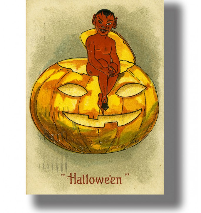 Vintage Halloween postcard illustration with a little red devil sitting on a carved pumpkin.
