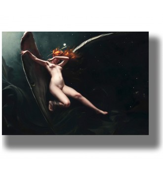 Red-haired winged fairy flying through a dark starry sky in a dreamy fantasy painting.