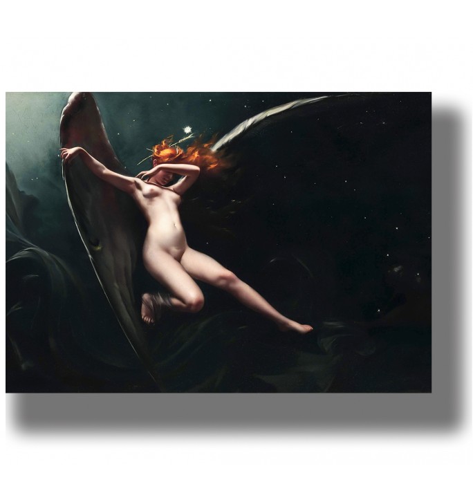 Red-haired winged fairy flying through a dark starry sky in a dreamy fantasy painting.