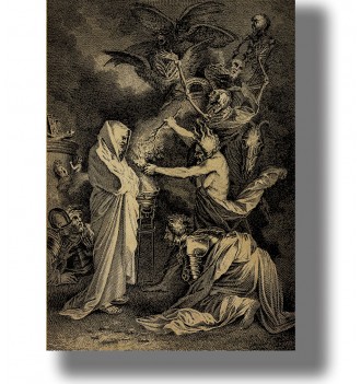 Old engraving showing the Witch of Endor summoning Samuel’s ghost while King Saul kneels among spirits and skeletons.