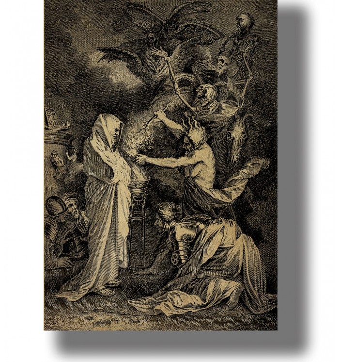 Old engraving showing the Witch of Endor summoning Samuel’s ghost while King Saul kneels among spirits and skeletons.