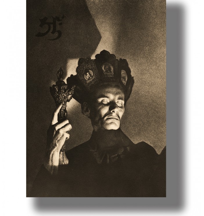 Sepia-toned portrait of a ritual figure wearing an ornate crown and holding a ceremonial object.