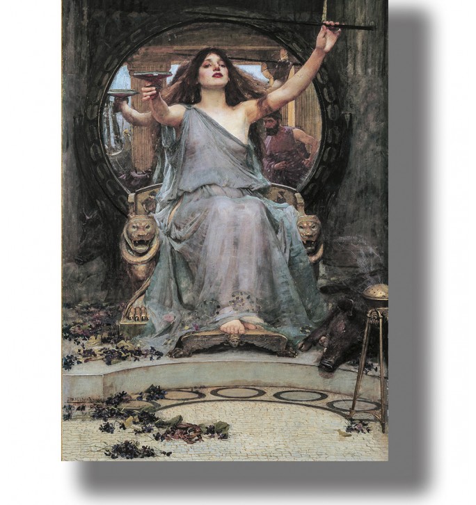 Painting by John William Waterhouse showing Circe holding a wand and offering a cup to Odysseus.