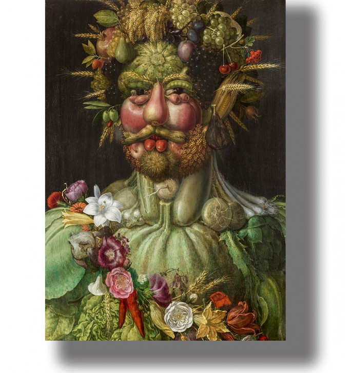 Mannerist portrait of Vertumnus with a face and body made from fruit, flowers, vegetables and ears of wheat.