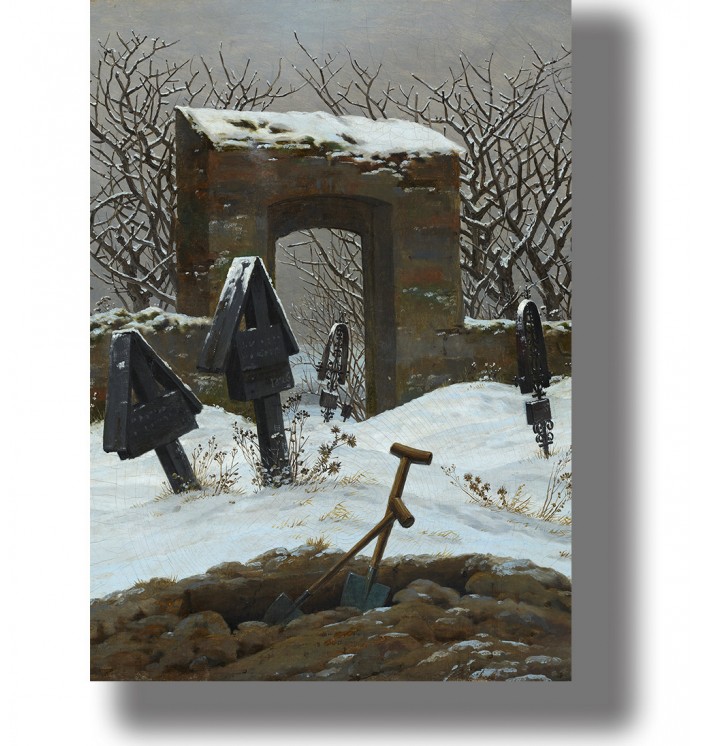Snow-covered cemetery with wooden grave markers and a stone arch in a quiet winter landscape.