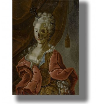 Dark portrait of an elegant woman with half of her face transformed into a skull.