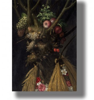 A surreal portrait made from a tree trunk, fruits, flowers, and wheat on a dark background, inspired by Giuseppe Arcimboldo.