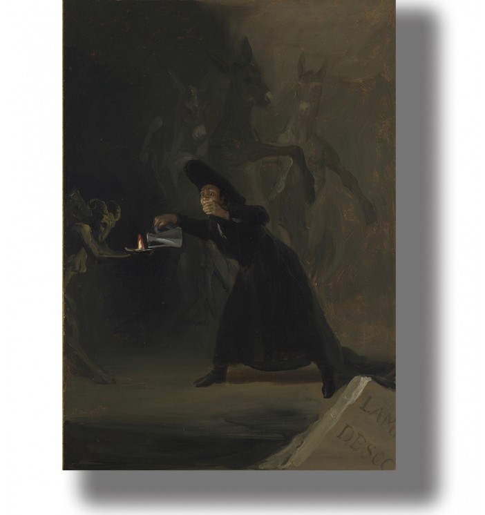 Dark Francisco Goya painting showing a frightened man with a lamp facing a devil-like figure.