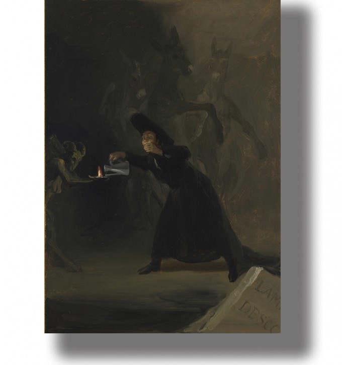 Dark Francisco Goya painting showing a frightened man with a lamp facing a devil-like figure.