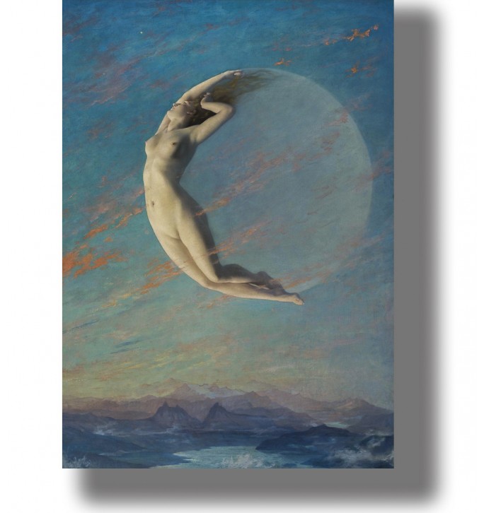 Nude goddess Selene floating across a twilight sky with a glowing moon and distant mountains