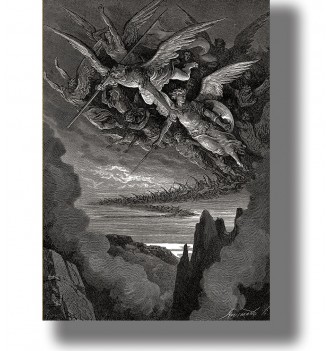Black and white engraving of angels driving rebel angels from heaven over a dark landscape.
