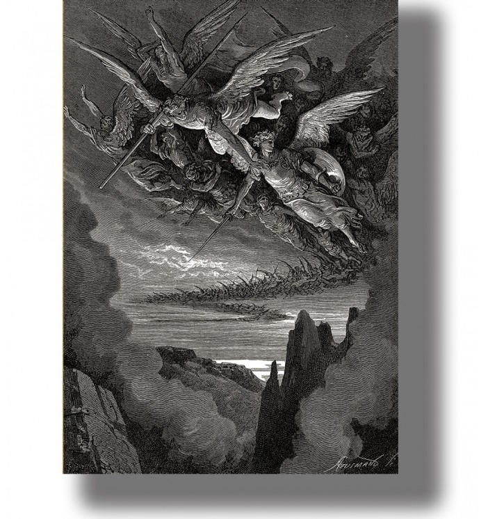 Black and white engraving of angels driving rebel angels from heaven over a dark landscape.