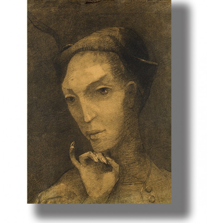 Symbolist portrait of Mephisto with horns, narrow face, and hand near the chin.