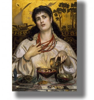 Pre-Raphaelite painting of Medea with ritual objects, a flame, and magical ingredients.