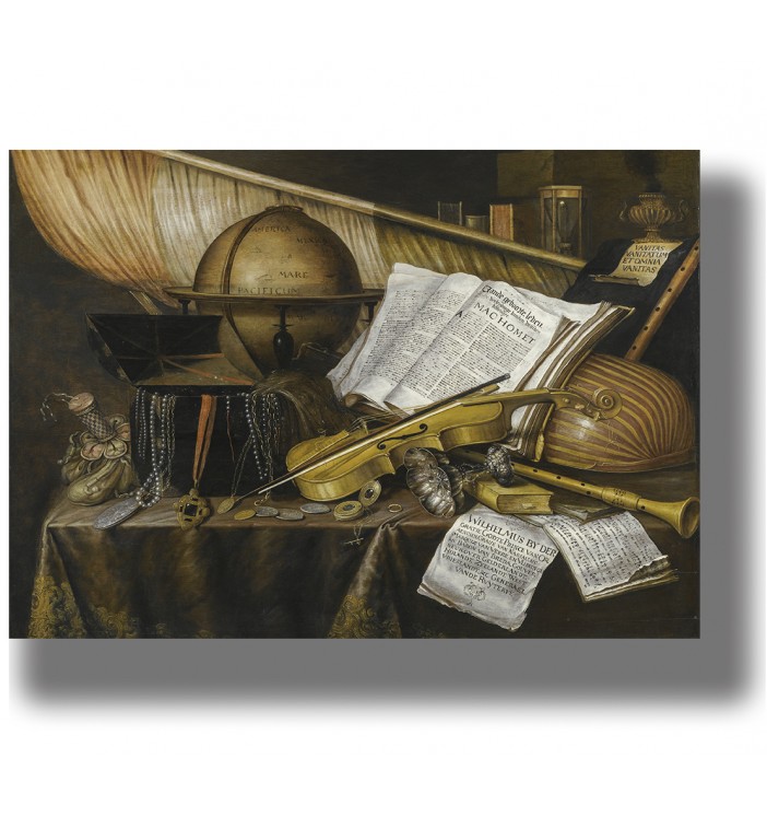 Vanitas Still life with a globe, hourglass, musical instruments and other symbols of human futility.
