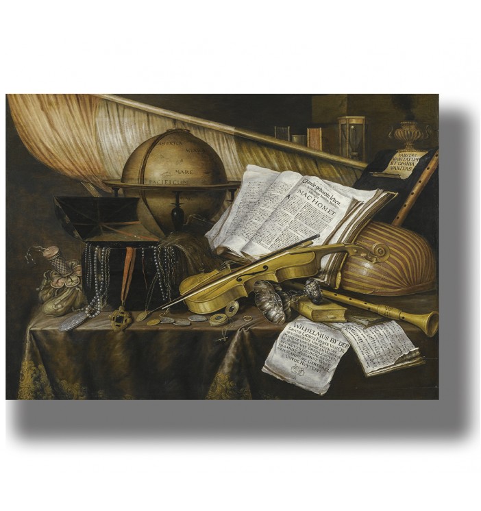 Vanitas still life with a globe, hourglass, books, musical instruments, coins, jewelry, and papers.