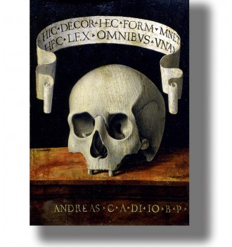 Renaissance painting of a human skull beneath a Latin inscription against a dark background.