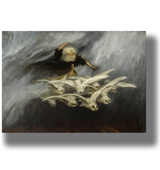 Allegorical winter scene with an elderly man moving through dark clouds above several white owls in flight.