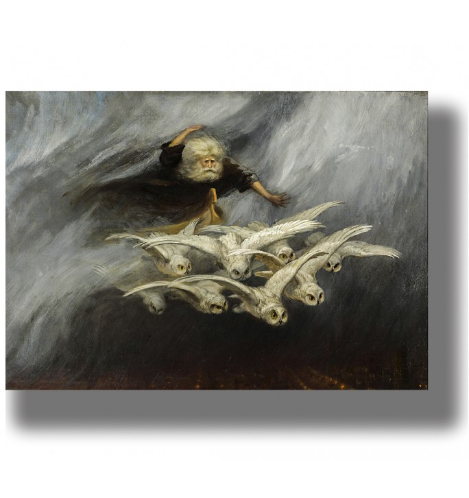 Allegorical winter scene with an elderly man moving through dark clouds above several white owls in flight.
