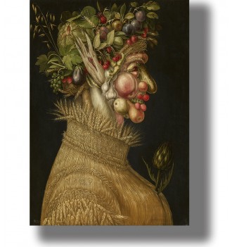 Mannerist portrait showing a human profile made from peaches, cherries, grapes, vegetables, grain and summer plants.