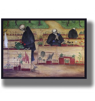 Three skeletons in black cloaks care for flowers in a quiet garden path scene.