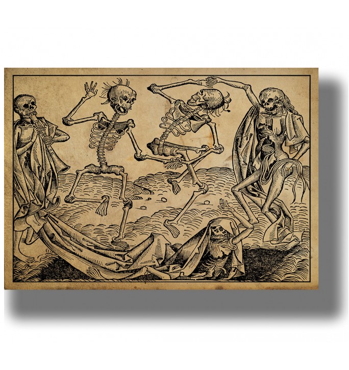 Medieval illustration of dancing skeletons with musical instruments beside a dead figure.