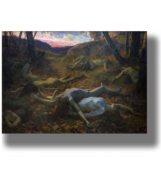 Painting of nude human bodies lying across an autumn forest floor like fallen leaves.