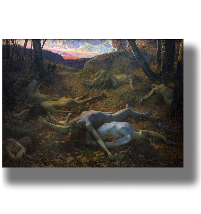 Painting of nude human bodies lying across an autumn forest floor like fallen leaves.