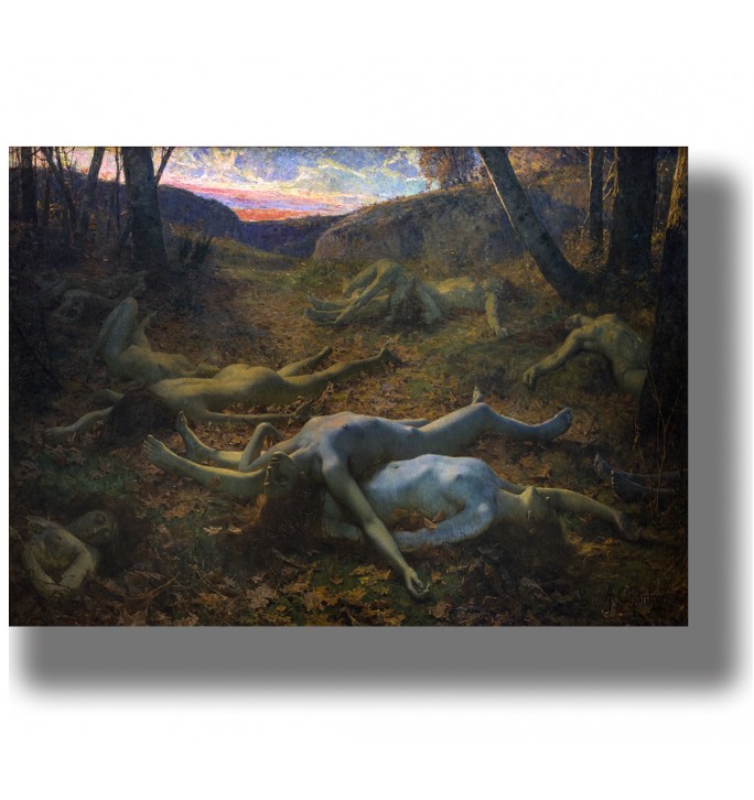 Painting of nude human bodies lying across an autumn forest floor like fallen leaves.