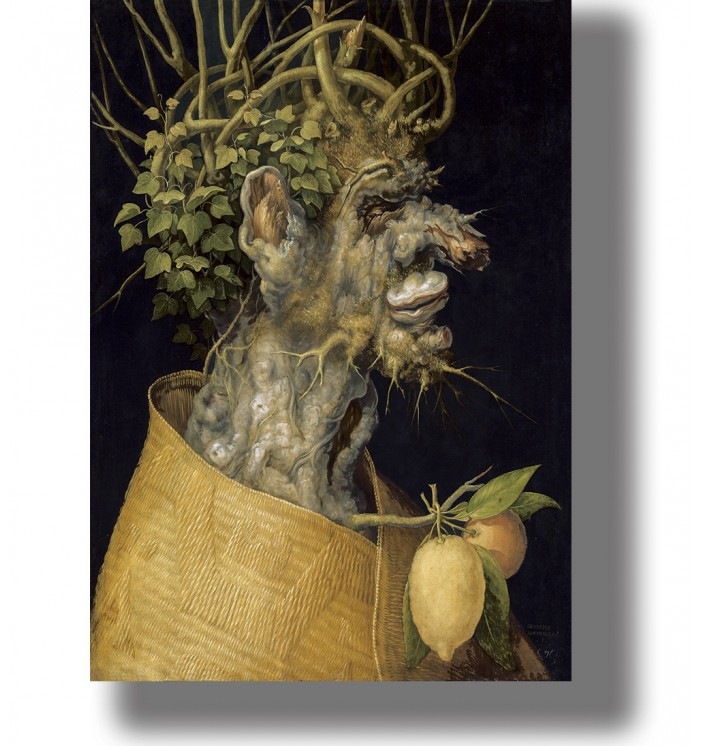 Surreal Arcimboldo “Winter” portrait made from a tree trunk, branches, and leaves, with a lemon.