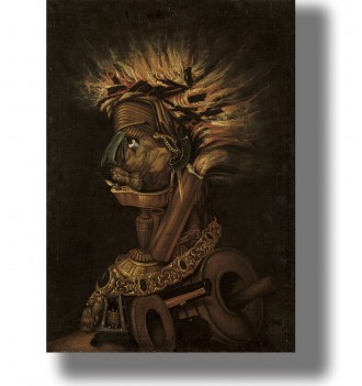 Mannerist portrait of Fire with blazing logs for hair and a face assembled from candles, flint and metal objects.