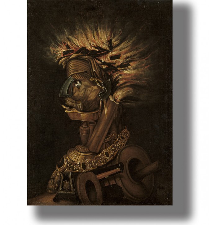 Mannerist portrait of Fire with blazing logs for hair and a face assembled from candles, flint and metal objects.