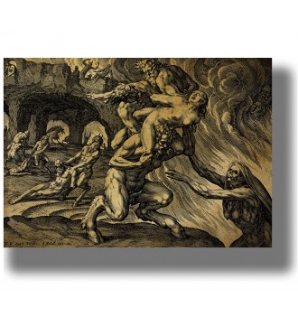 Old engraving showing demons tormenting sinners in Hell, with flames, smoke, and a skeletal figure of death.