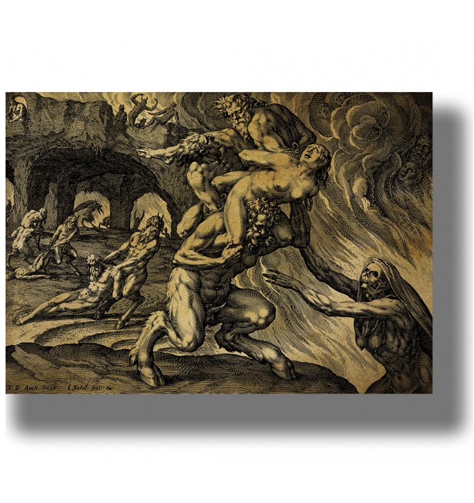 Old engraving showing demons tormenting sinners in Hell, with flames, smoke, and a skeletal figure of death.