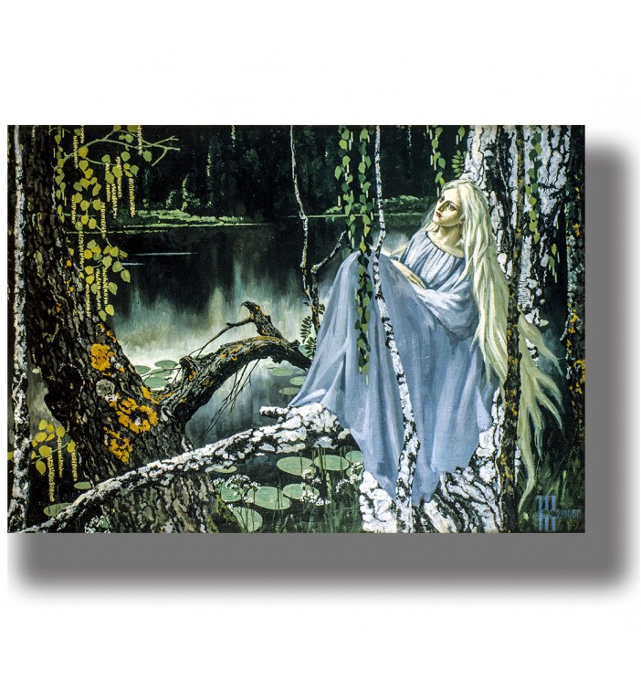 Rusalka with long pale hair sitting by a dark forest lake, painting by Konstantin Vasiliev.
