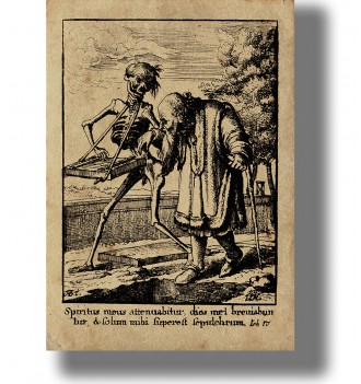 Old engraving showing an elderly man walking beside a skeleton playing a musical instrument near an open grave.