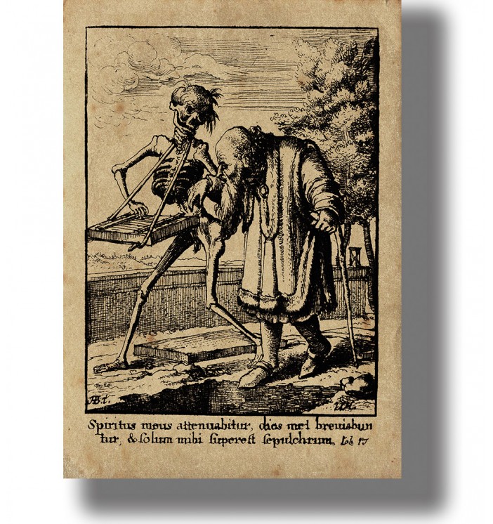 Old engraving showing an elderly man walking beside a skeleton playing a musical instrument near an open grave.