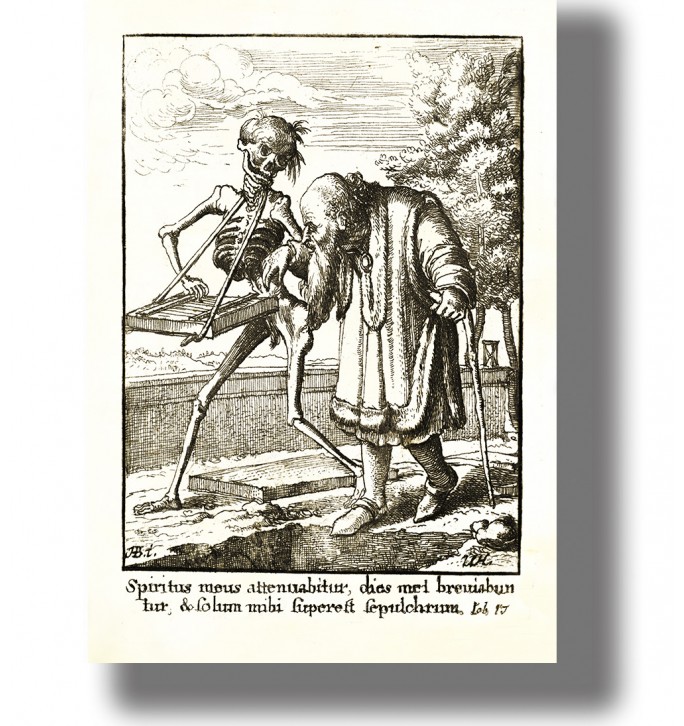 Old engraving showing an elderly man walking beside a skeleton playing a musical instrument near an open grave.