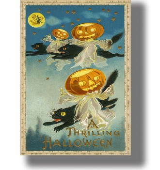 Vintage Halloween postcard showing pumpkin-headed ghosts riding flying black cats under the moon.