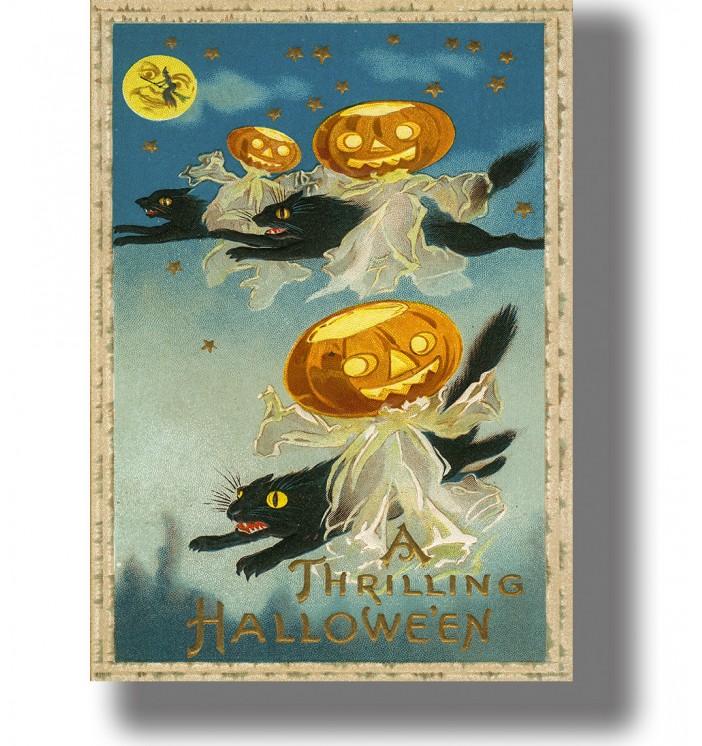 Vintage Halloween postcard showing pumpkin-headed ghosts riding flying black cats under the moon.
